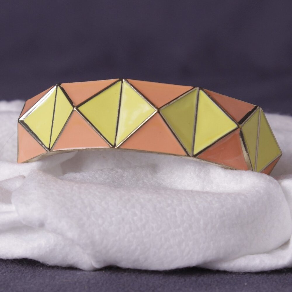 Peach, lemon and gold tone, 60's geometric style womens, fashion cuff bracelet